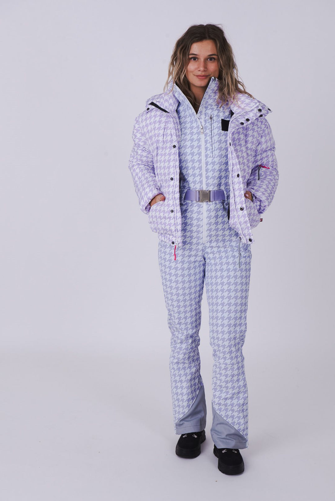 Purple Houndstooth Chic Puffer Jacket