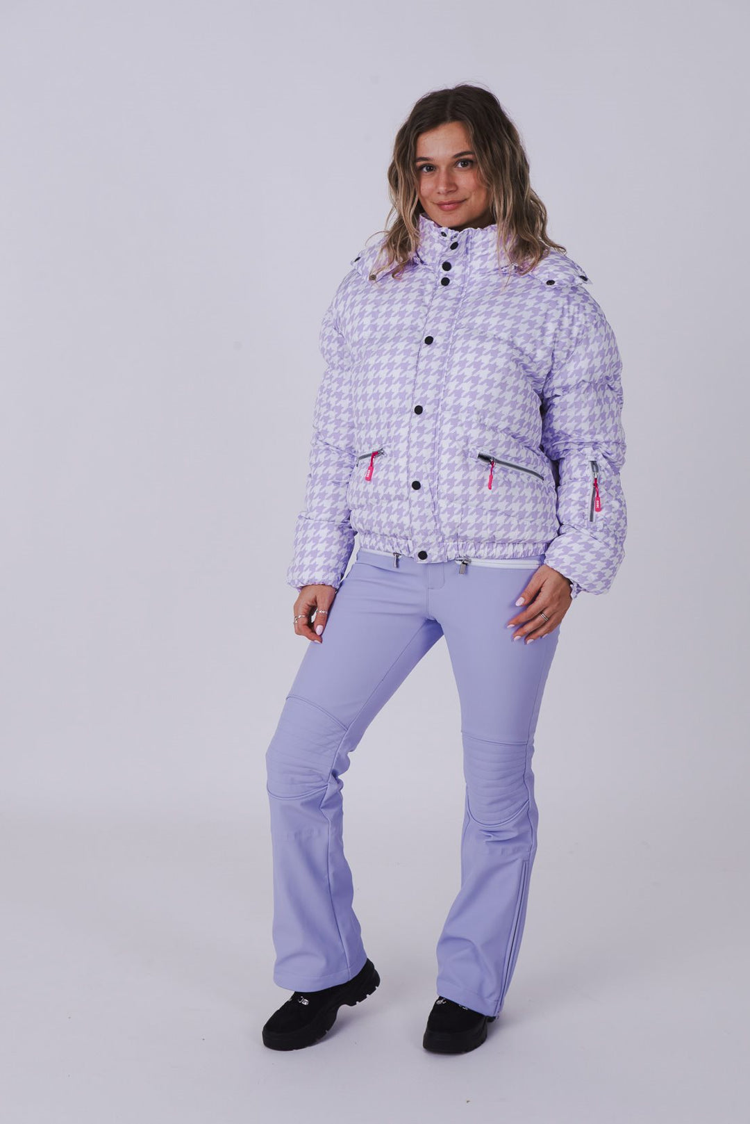 Purple Houndstooth Chic Puffer Jacket